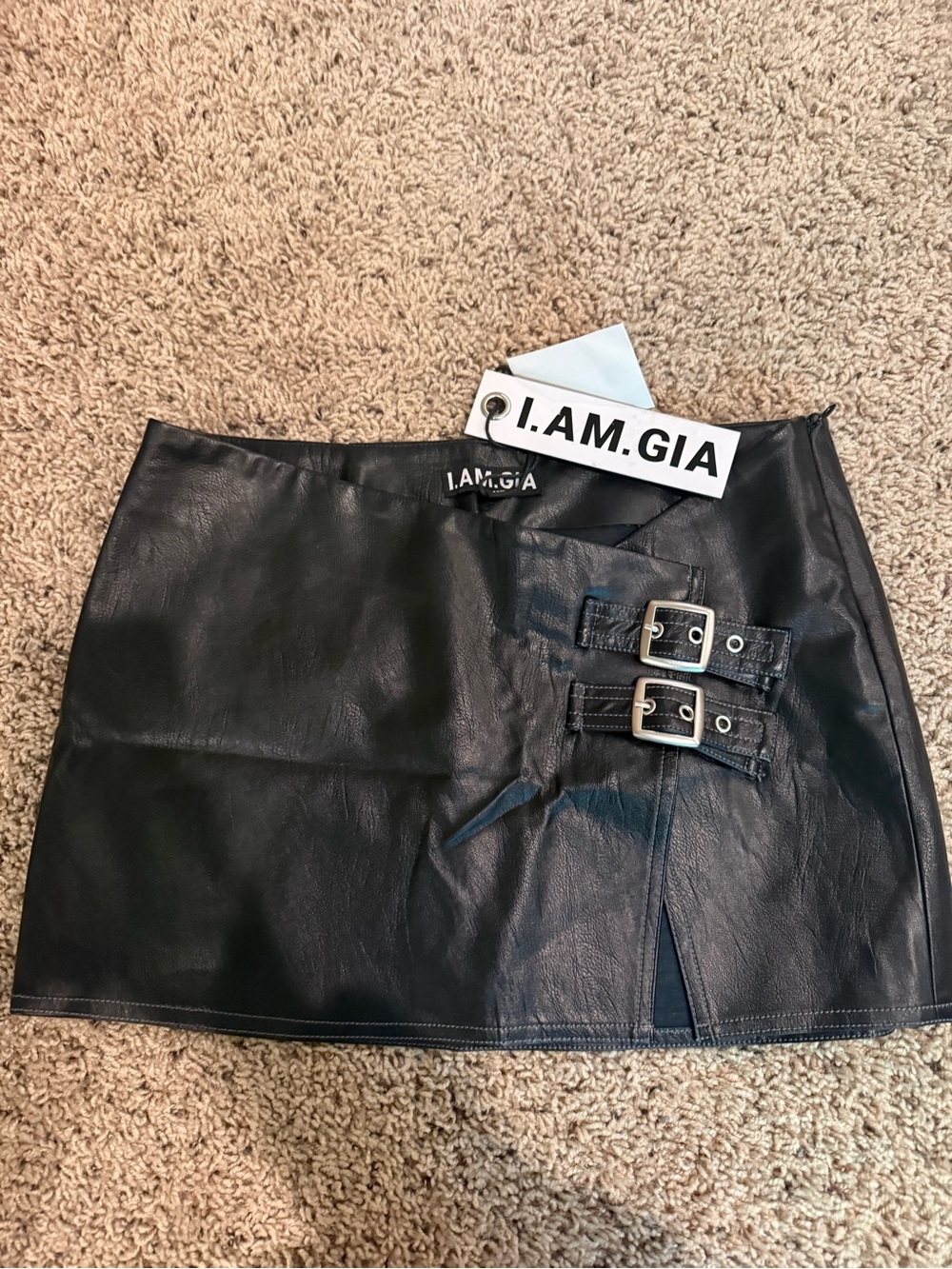 I.AM.GIA Black Faux Leather Mini Skirt with Double Buckles